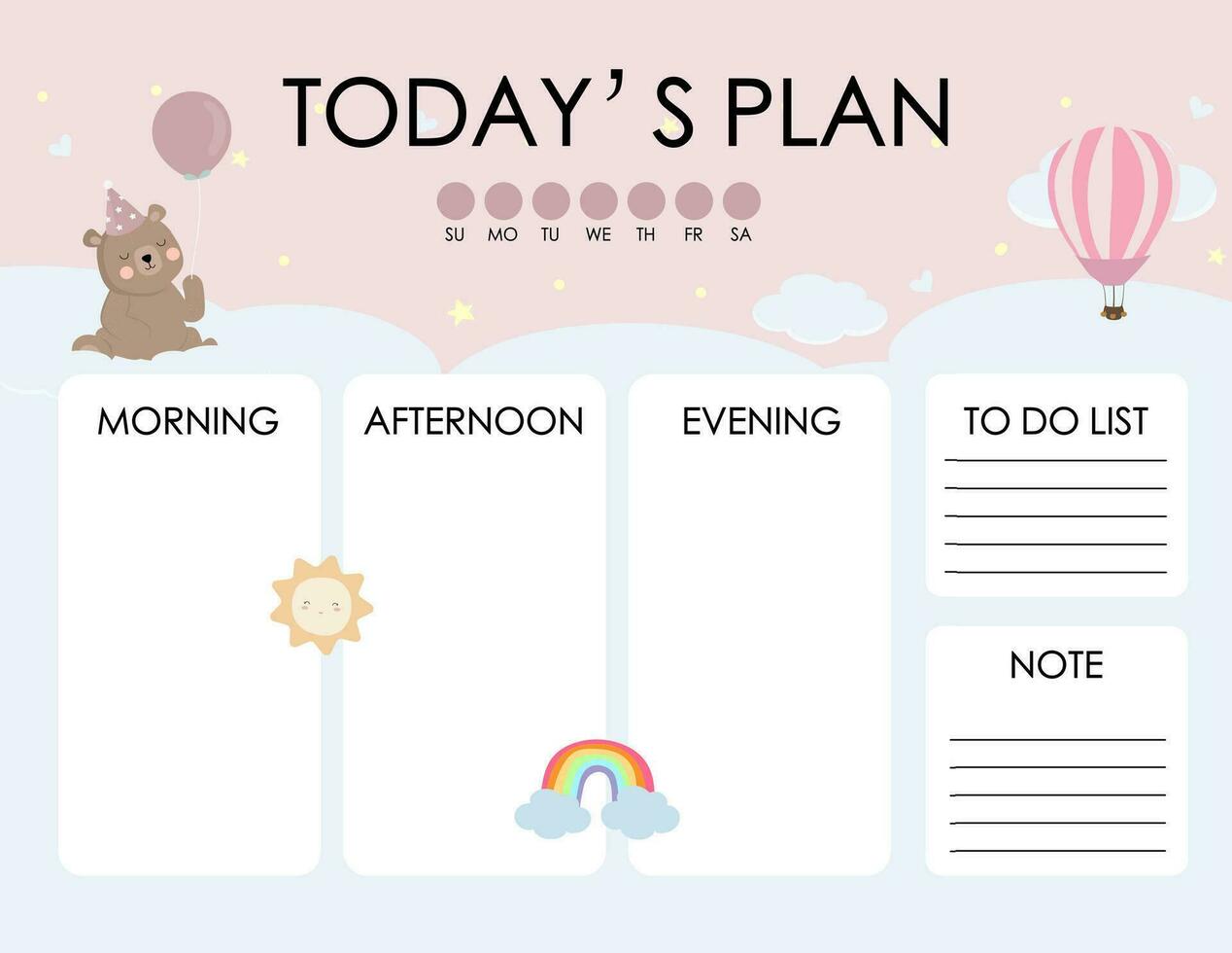 cute daily planner background with cloud,balloon,sky.Vector illustration for kid and baby.Editable element vector