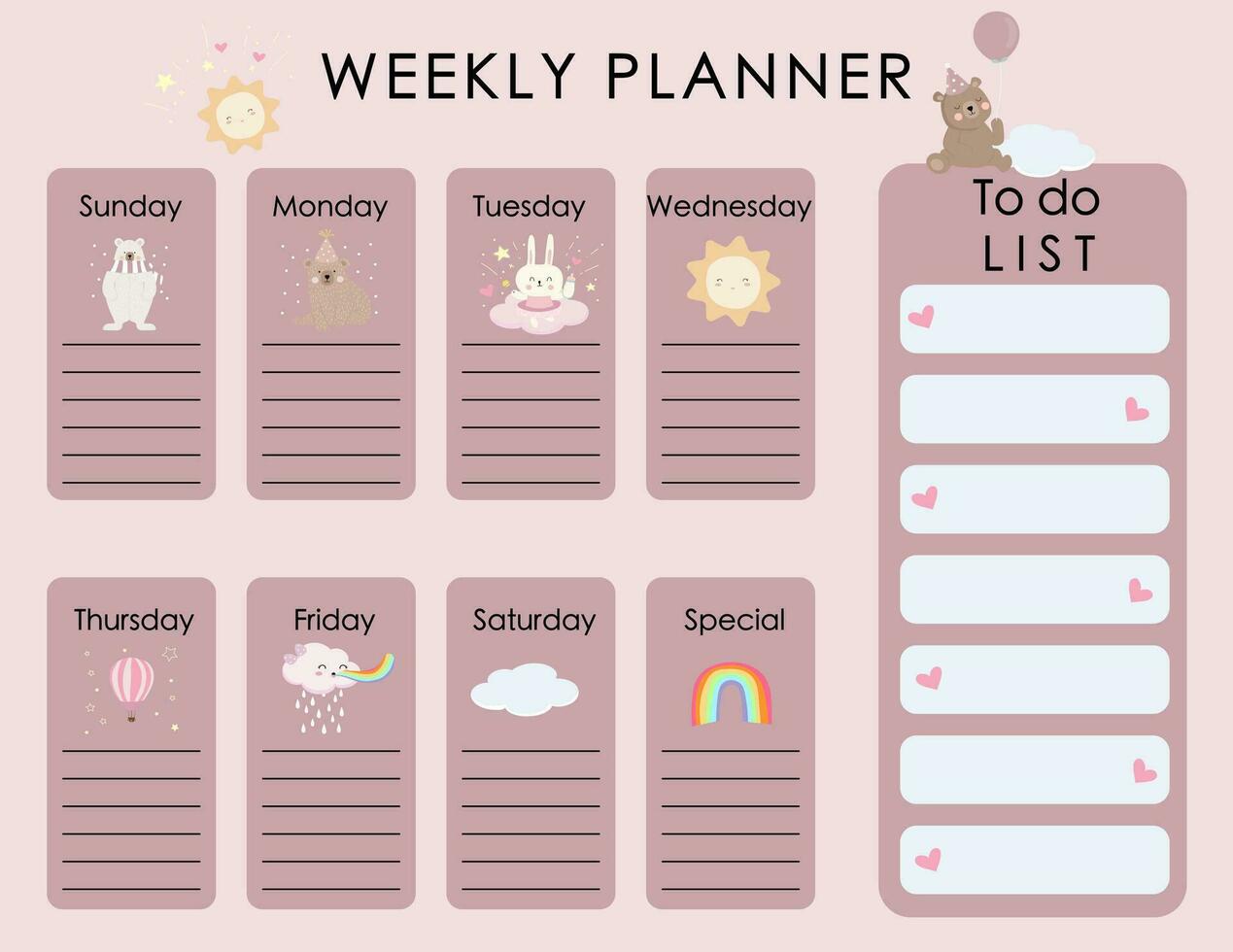 cute weekly planner background with cloud,balloon,sky.Vector illustration for kid and baby.Editable element vector