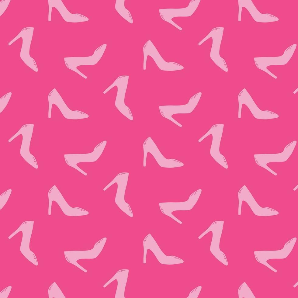 Vector seamless pattern with glamorous women shoes. Barbicore print. Pink pattern with shoes.