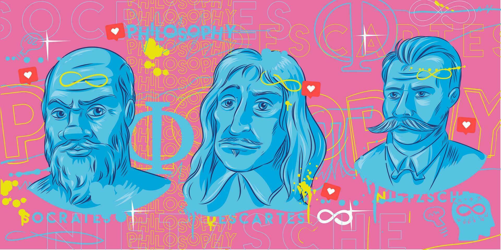 Philosophy background. Hand drawn portrait Socrates, Nietzsche, Descartes. vector illustration