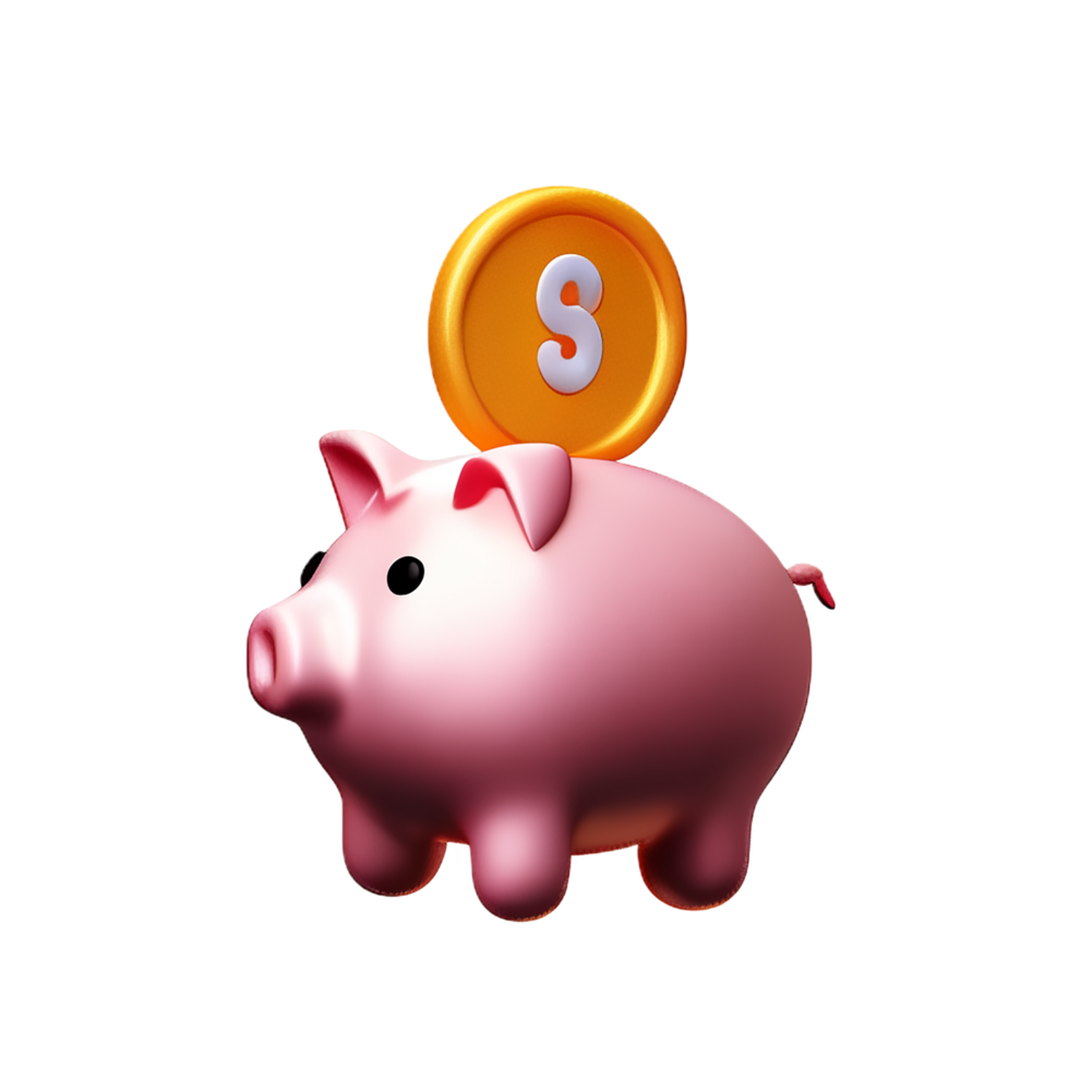 cute piggy bank with dropping coin 3d render icon png