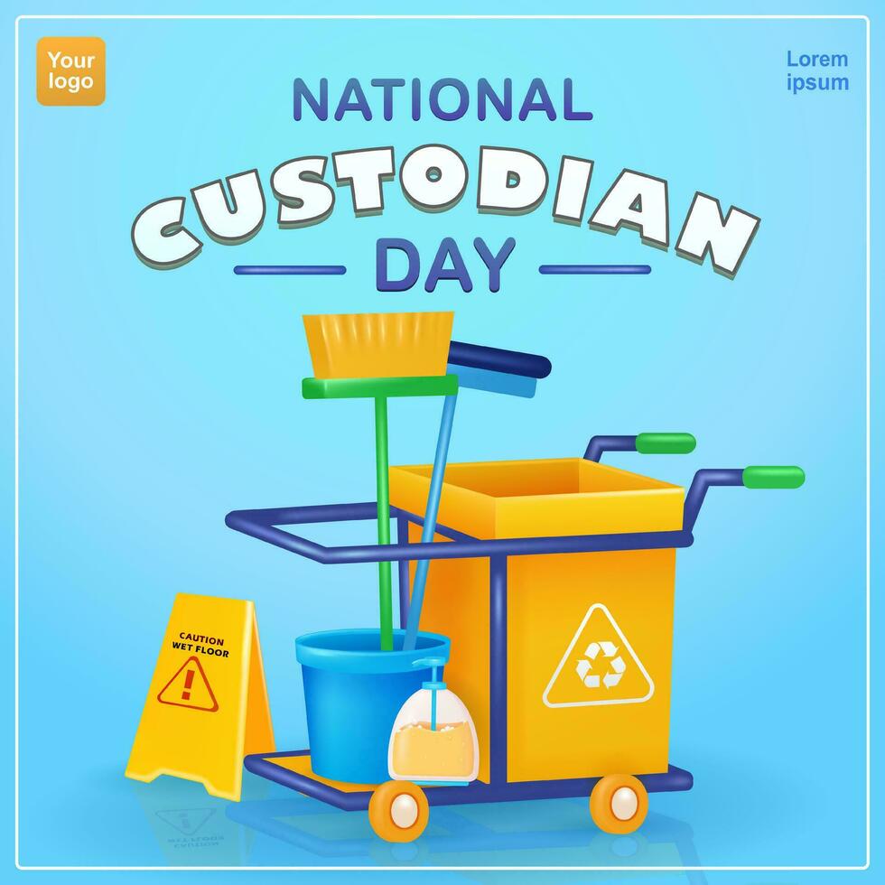 National Custodian Day.  Broom, cleaner, trash can, glass cleaner soap, bucket and floor warning bar. 3d vector, suitable for events vector
