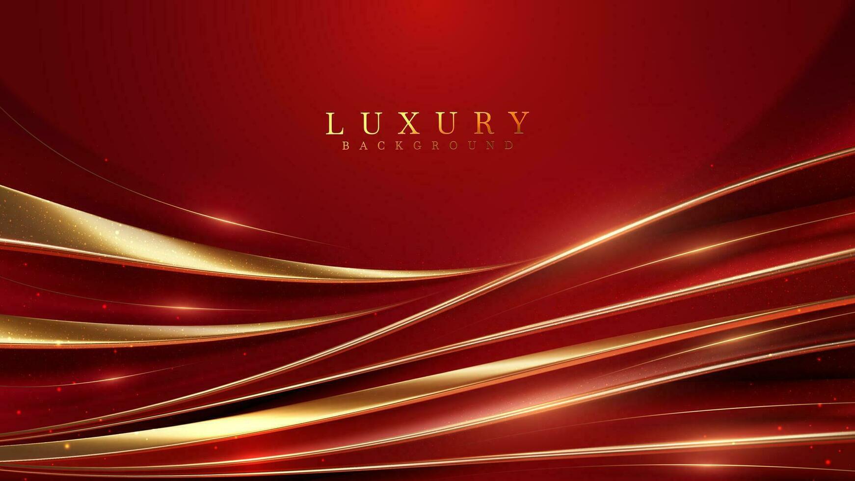 Red abstract background with golden curves decorated with glitter light effect, luxury style design concept. vector