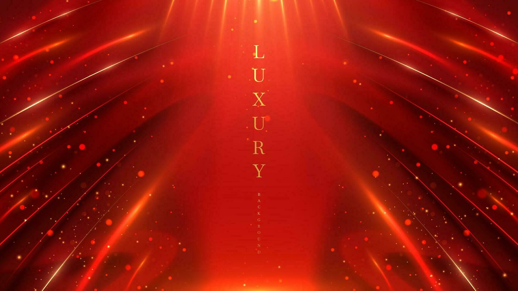 Red luxury modern art abstract background with elegant gold line curve and glitter light decorations with bokeh effects on dark scene. vector