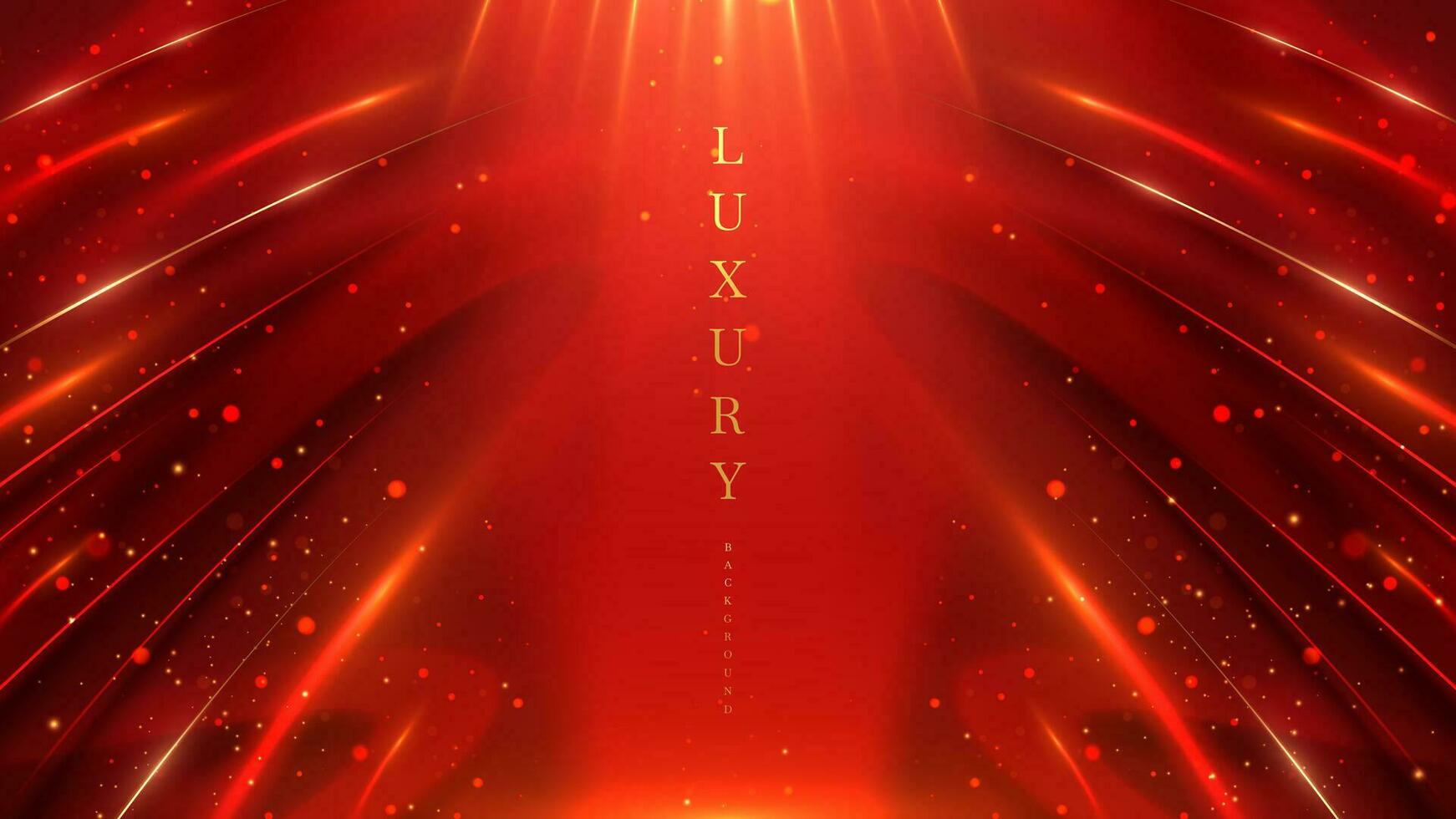 Red luxury modern art abstract background with elegant gold line curve and glitter light decorations with bokeh effects on dark scene. vector