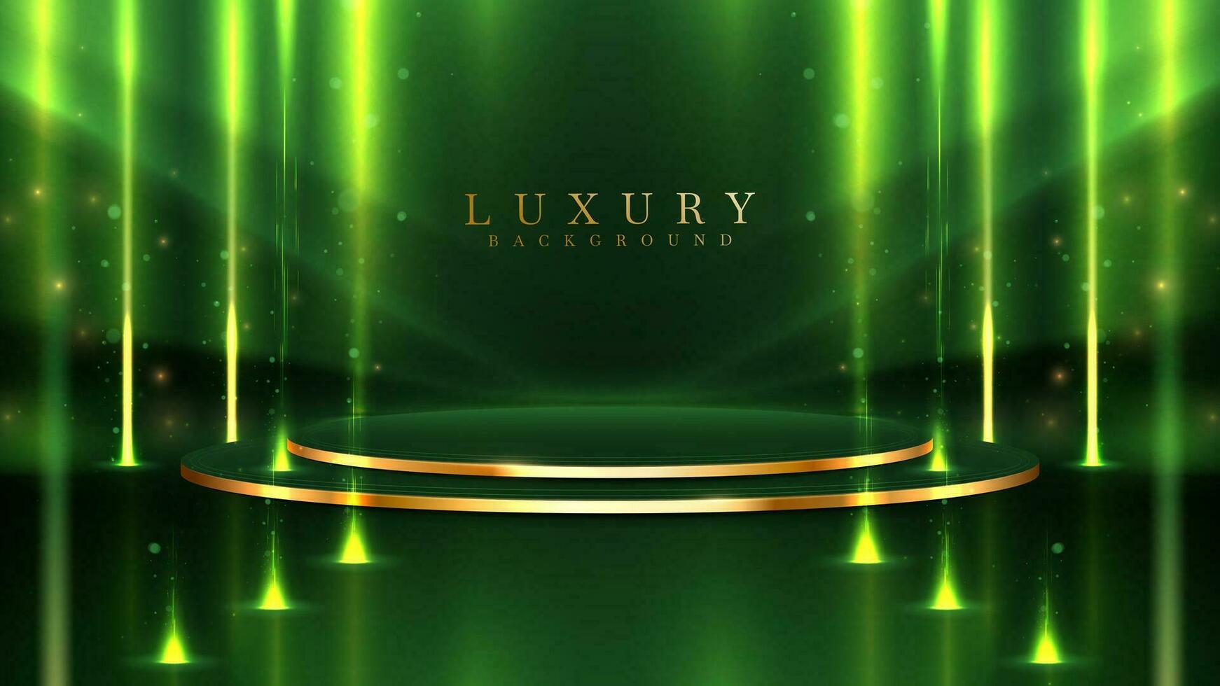 Empty podium golden on green background with light neon effects with bokeh decorations. Luxury scene design concept. Vector illustrations.