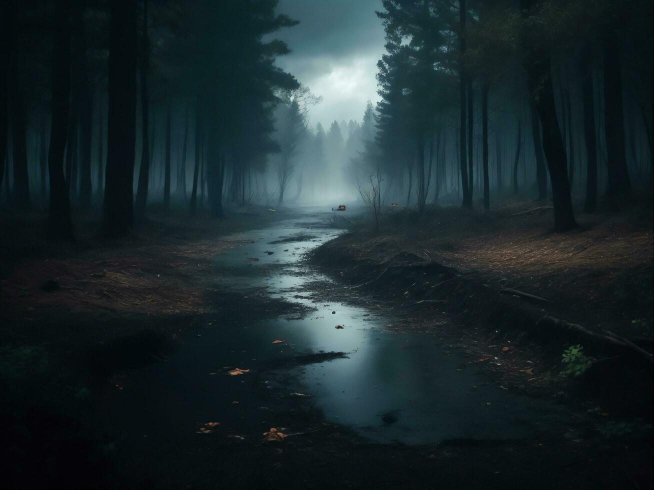 belleza de un brumoso bosque oscuro capturar el obsesionante efectos de contaminación, generativo ai foto