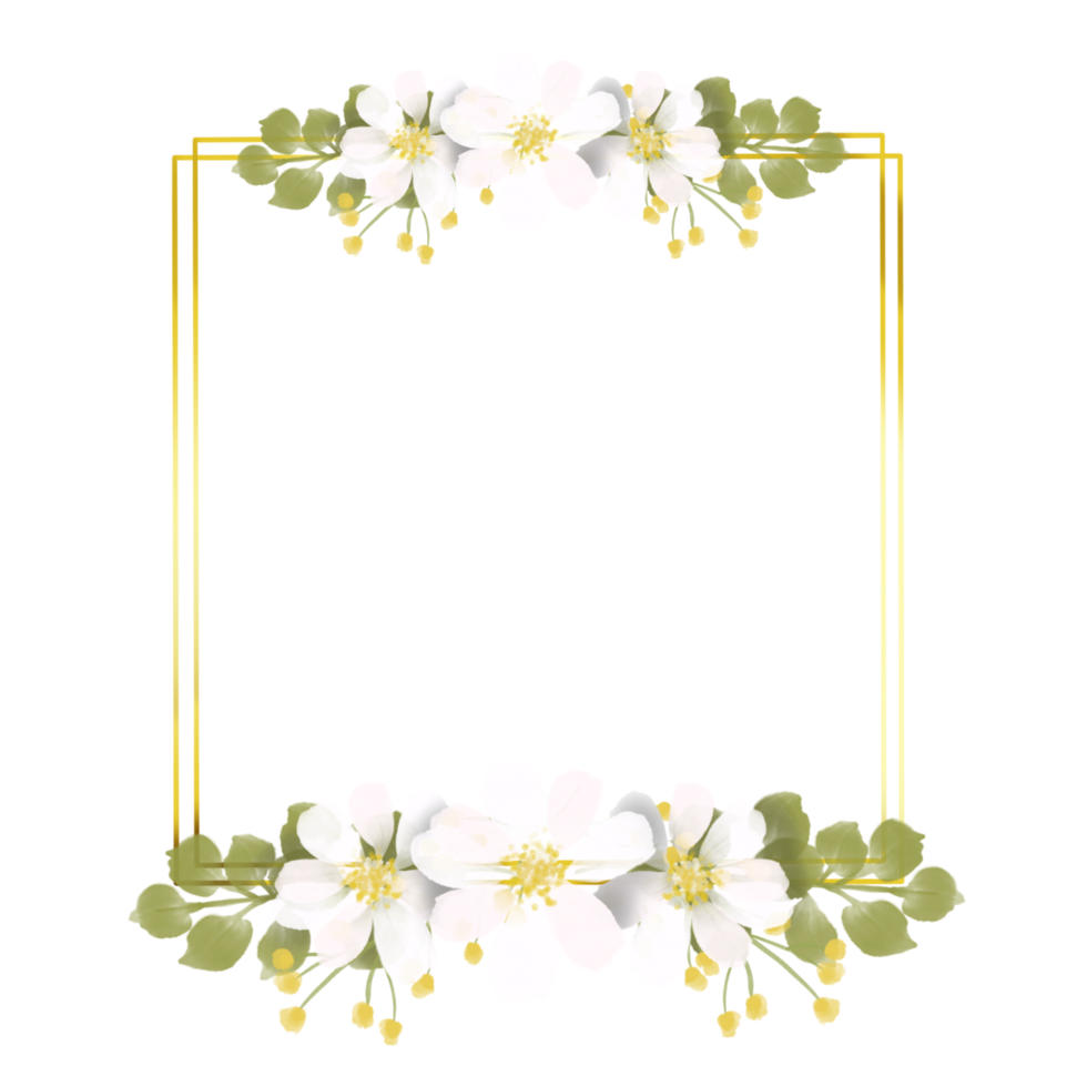 Geometrical golden frame with watercolor white flower on transparent background png