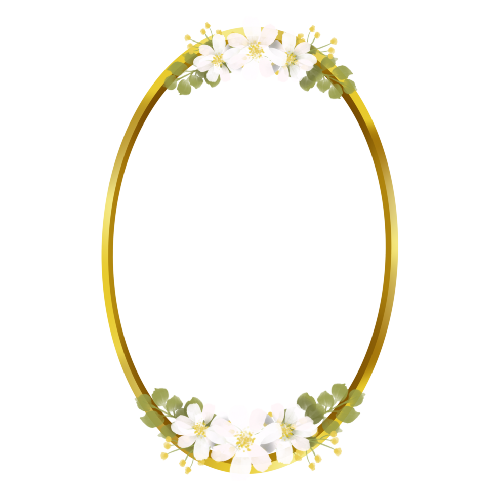 Geometrical golden frame with watercolor white flower on transparent background png