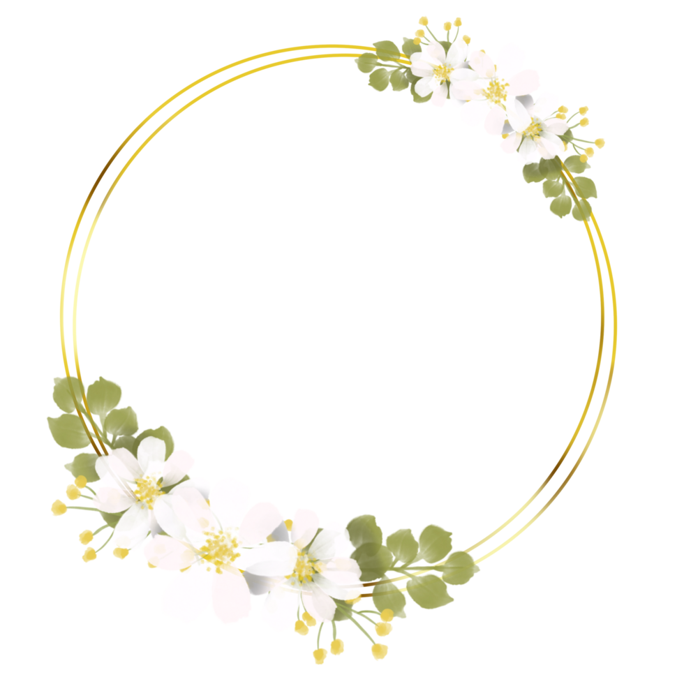 Geometrical golden frame with watercolor white flower on transparent background png