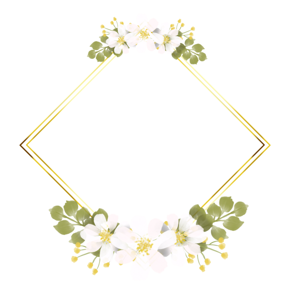 Geometrical golden frame with watercolor white flower on transparent background png