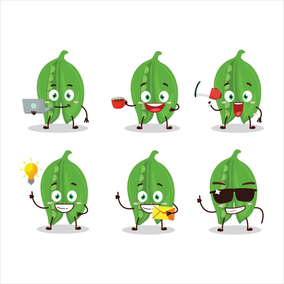 Peas cartoon character with various types of business emoticons vector