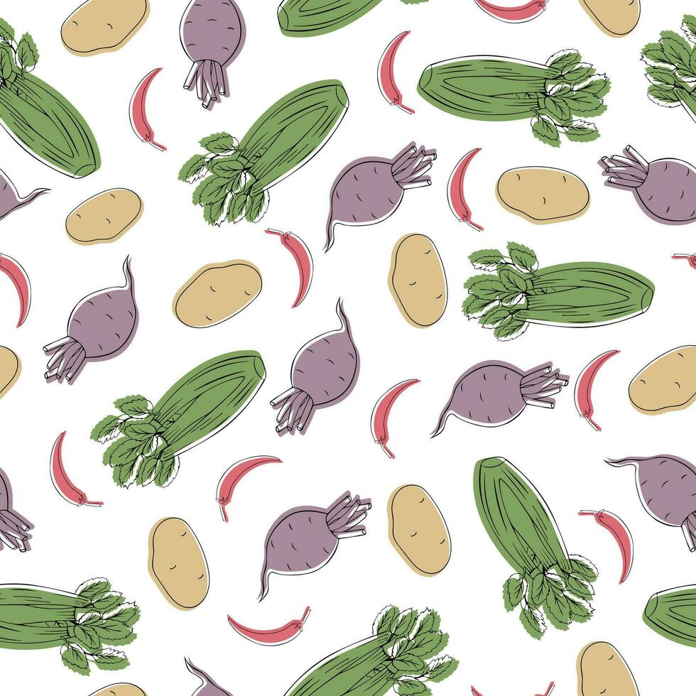 Food background. Doodle Vegetables Seamless pattern. Vector illustration on a white background.