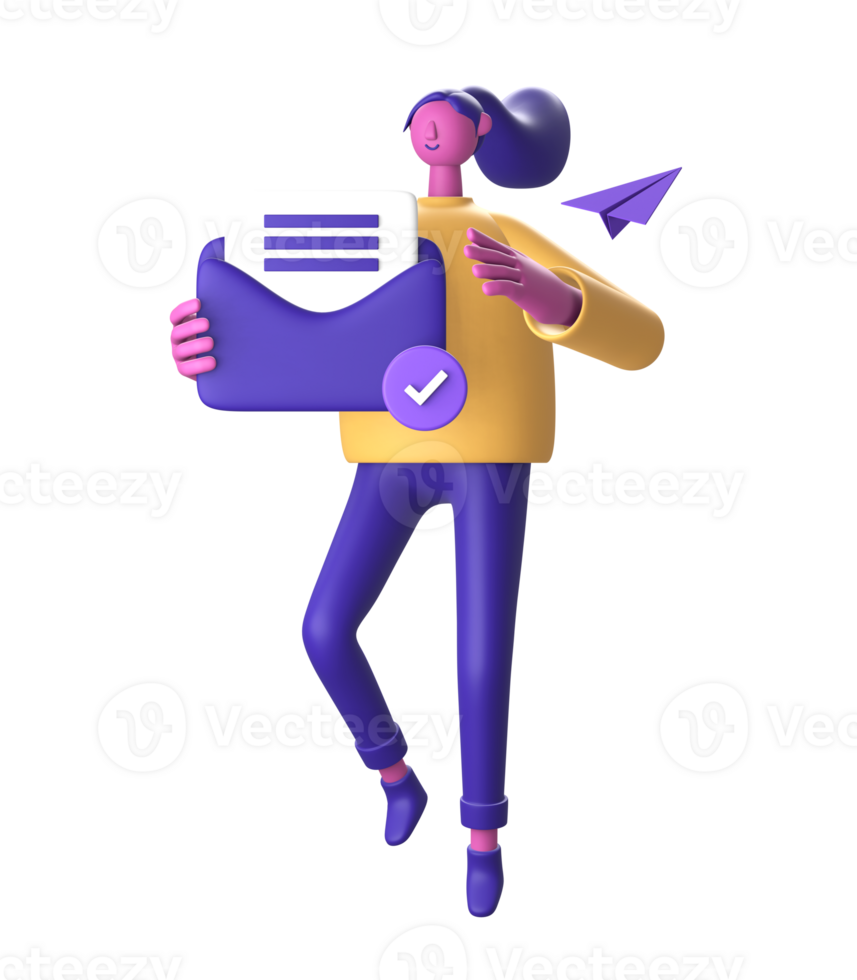 3D Character holding mail or email with checklist and paper plane for UI UX web mobile apps social media png