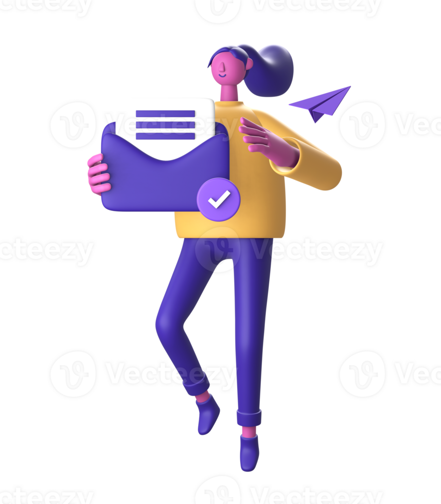 3d personaggio Tenere posta o e-mail con lista di controllo e carta aereo per ui UX ragnatela mobile applicazioni sociale media png