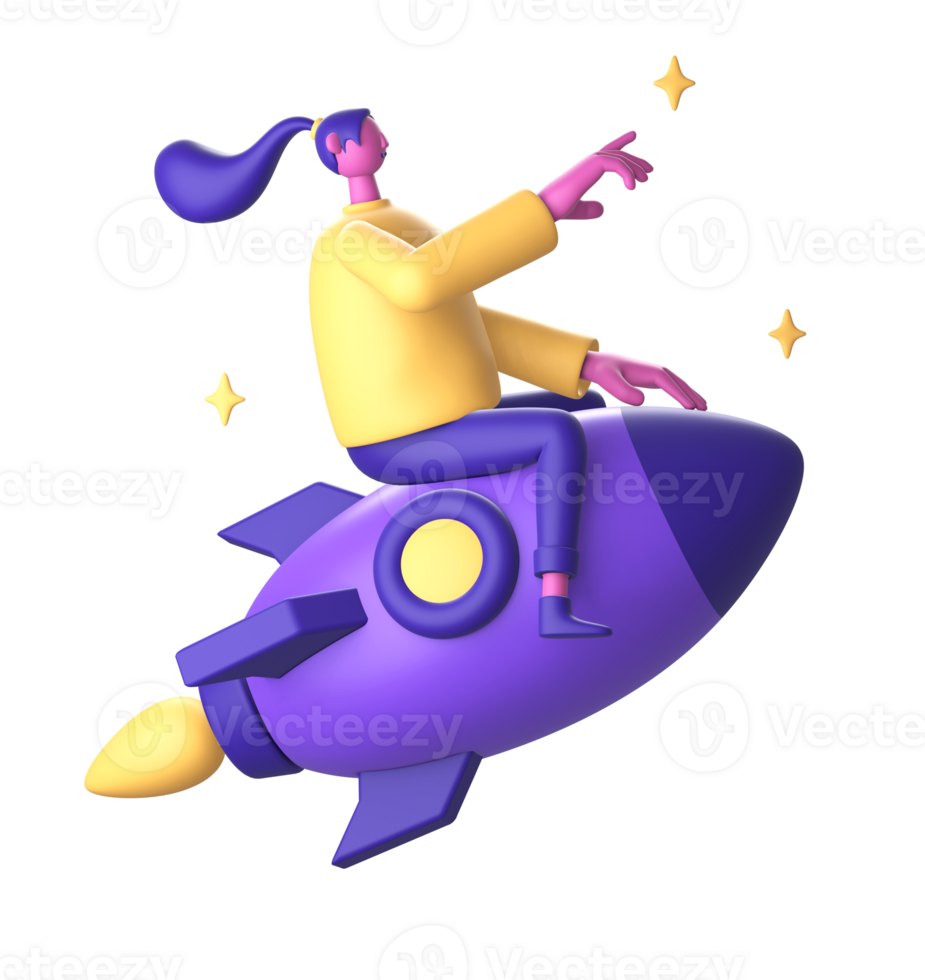 3D Character riding spaceship rocket with star for UI UX web mobile apps social media png