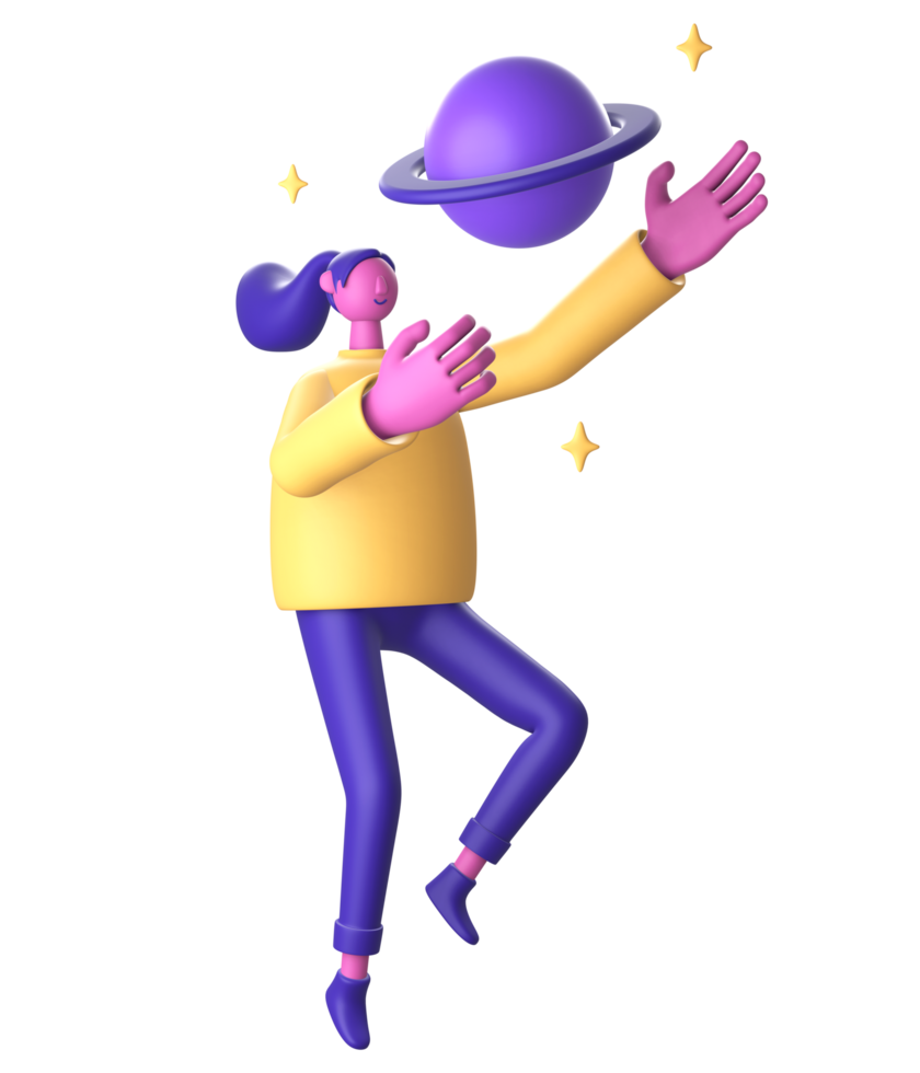 3D Character in space with planet and star for UI UX web mobile apps social media png