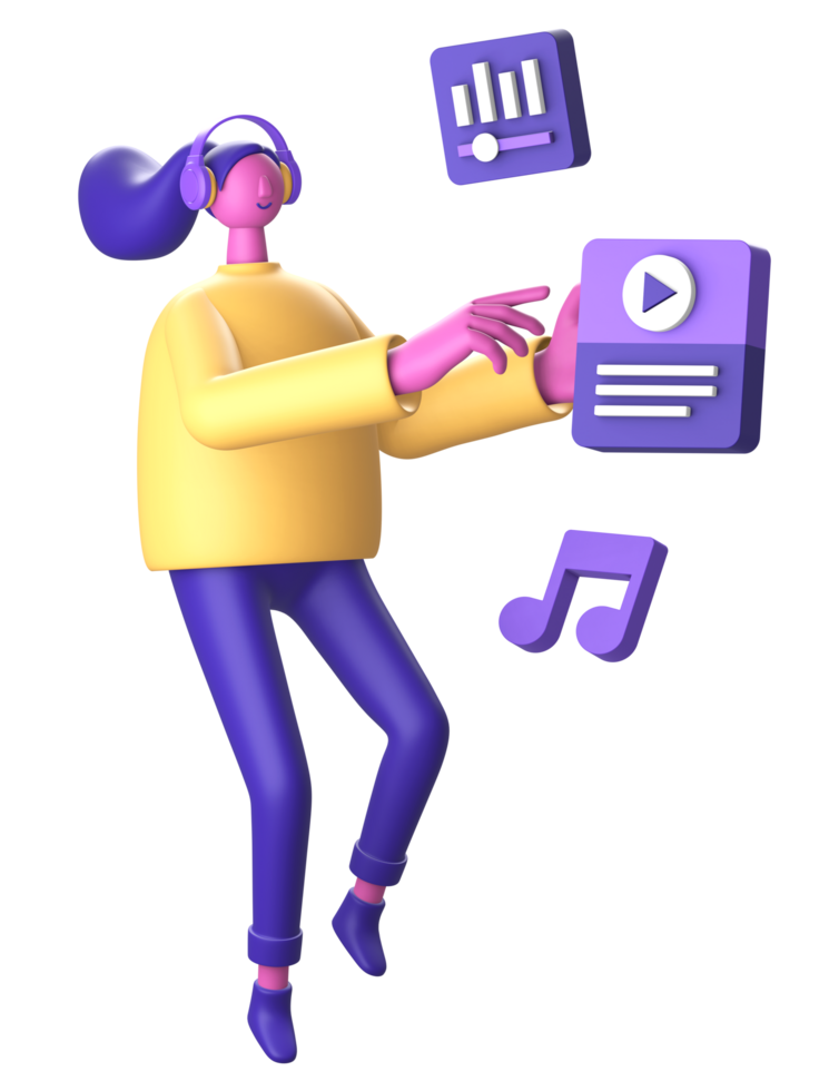 3d personaje escuchando música vídeo para ui ux web móvil aplicaciones social medios de comunicación png