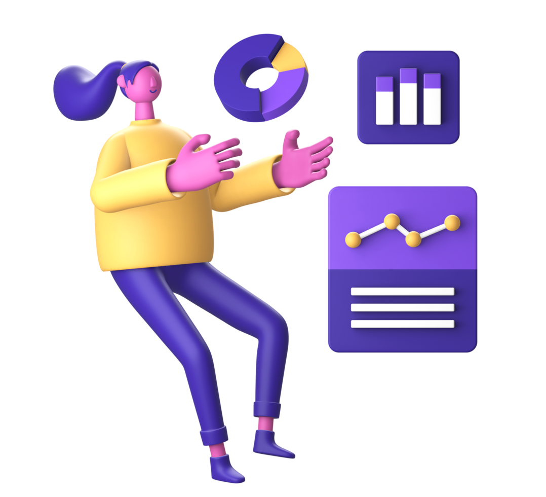 3d personaggio con statistico Infografica e torta o bar grafico per ui UX ragnatela mobile applicazioni sociale media png