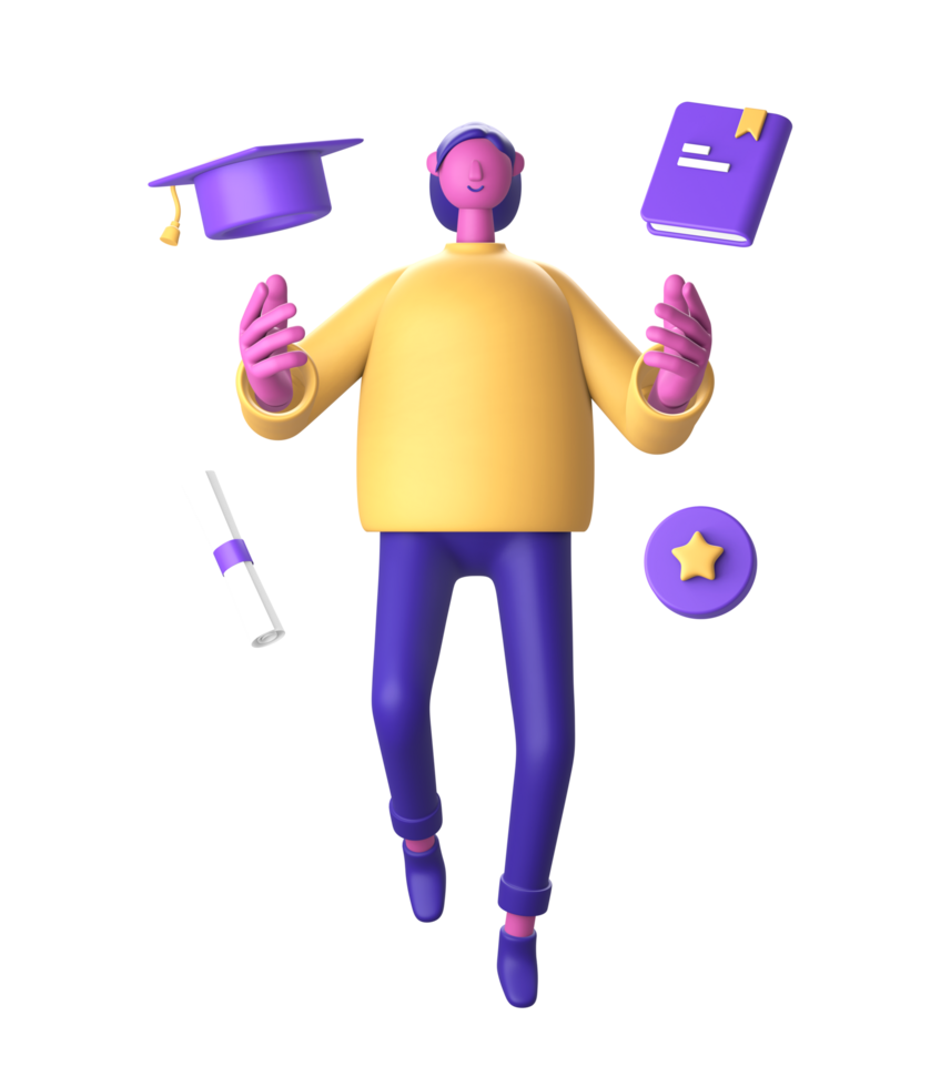 3D Character college student with graduation hat book and scroll education front png