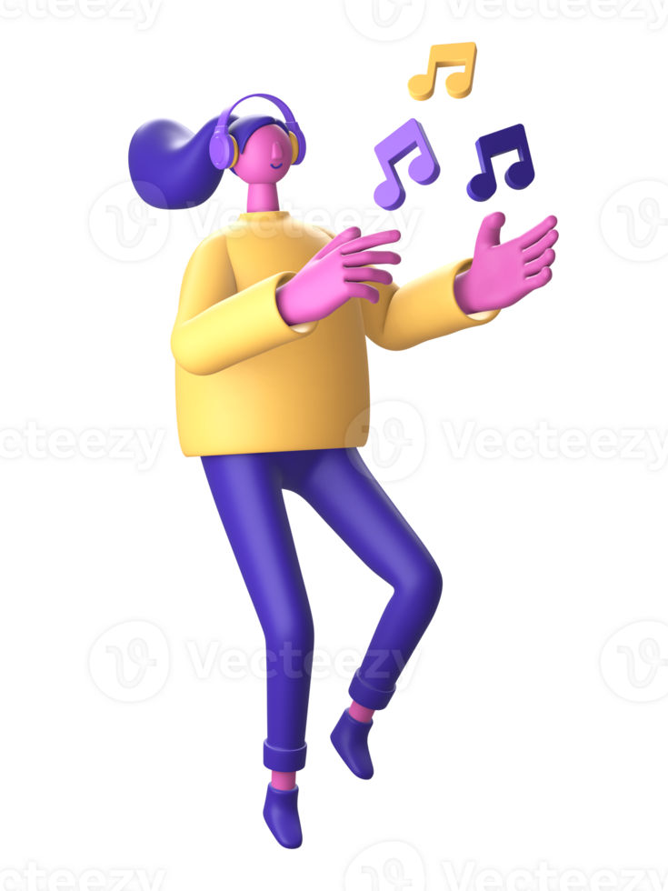 3d personnage en utilisant casque de musique et la musique Remarque pour ui ux la toile mobile applications social médias png