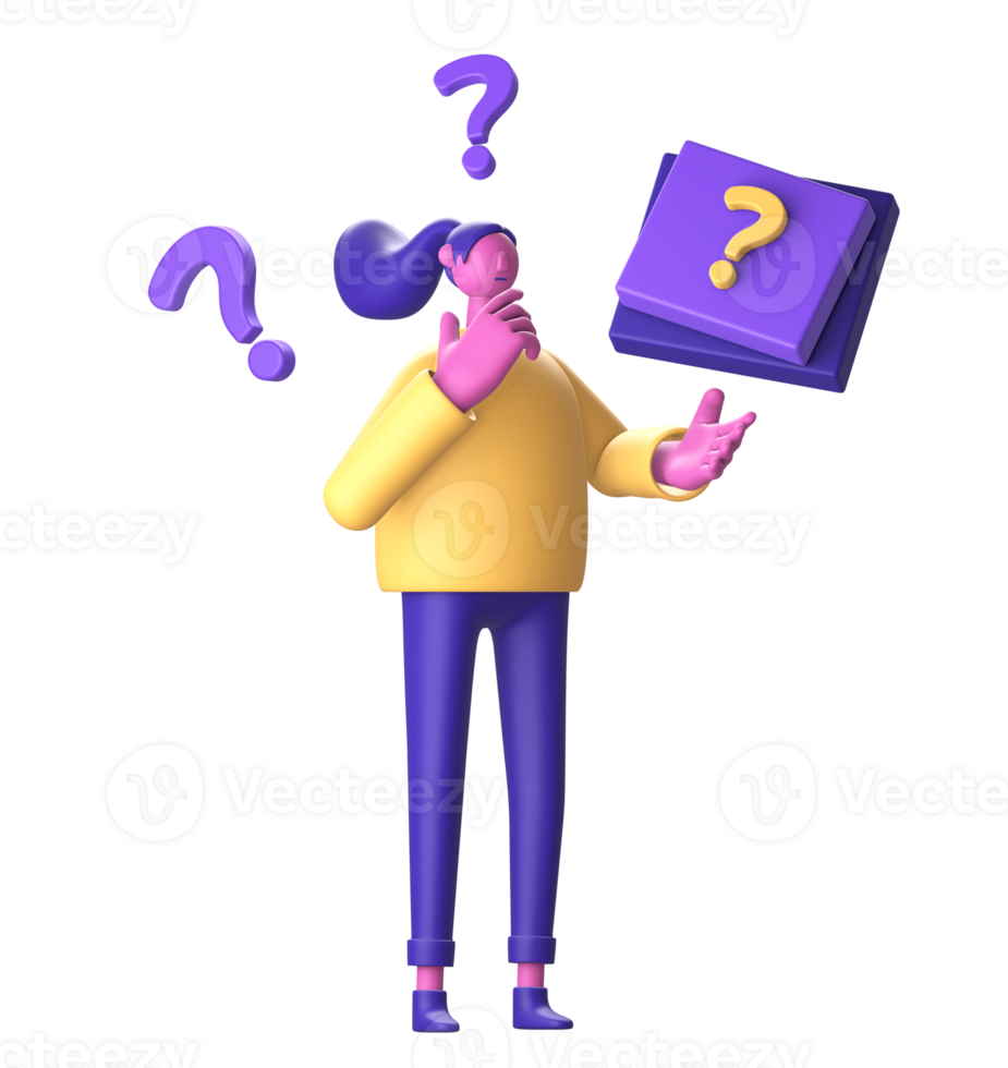 3D Character with question mark for UI UX web mobile apps social media png