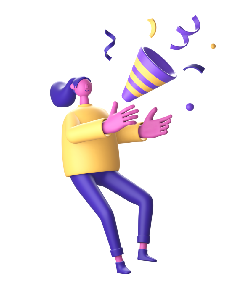 3D Character with confetti or party popper celebration for UI UX web mobile apps social media png