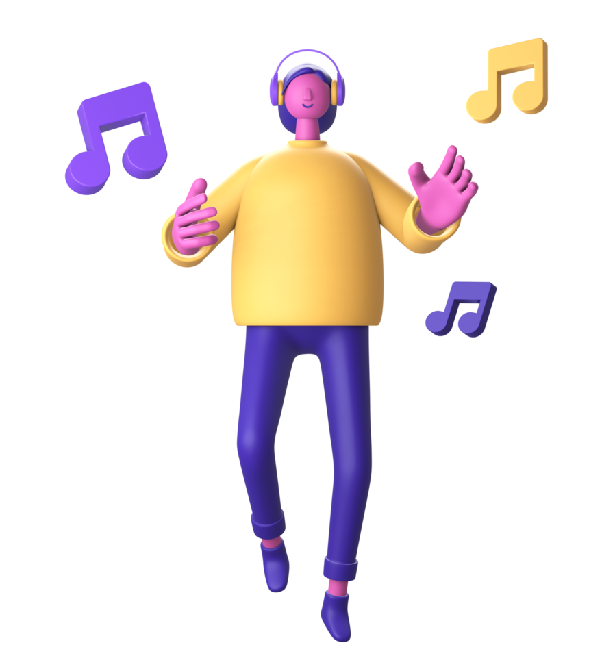 3d personaggio con cuffie e musica Nota per ui UX ragnatela mobile applicazioni sociale media png