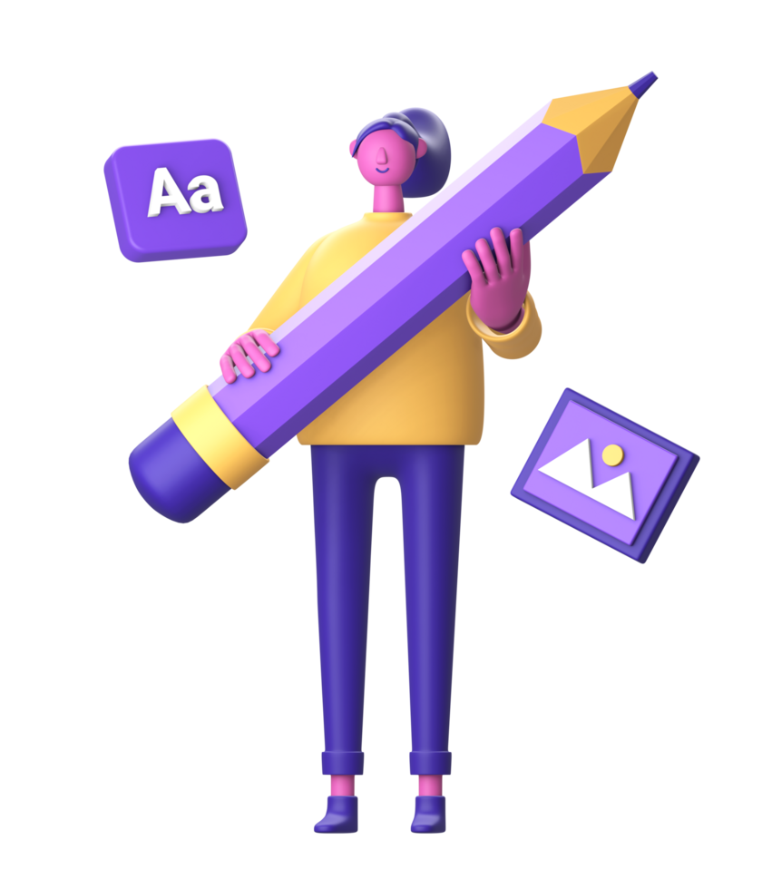 3D Character artist designer holding pencil for UI UX web mobile apps social media png