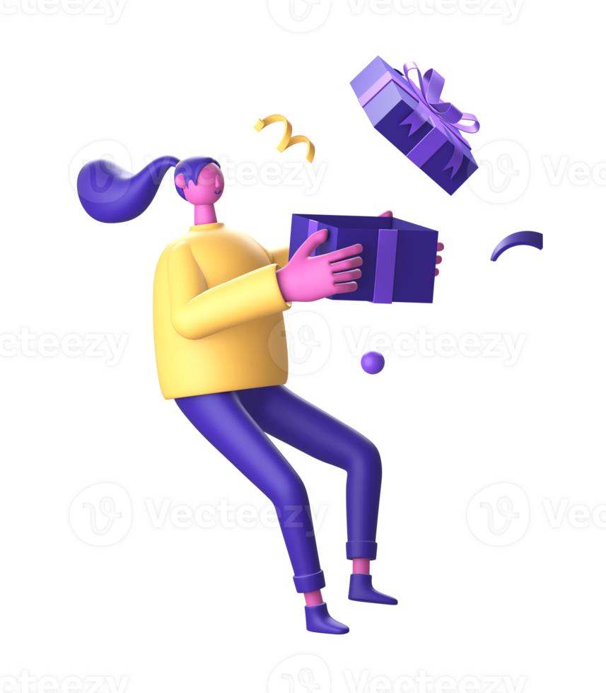 3D Character opening gift box for UI UX web mobile apps social media png