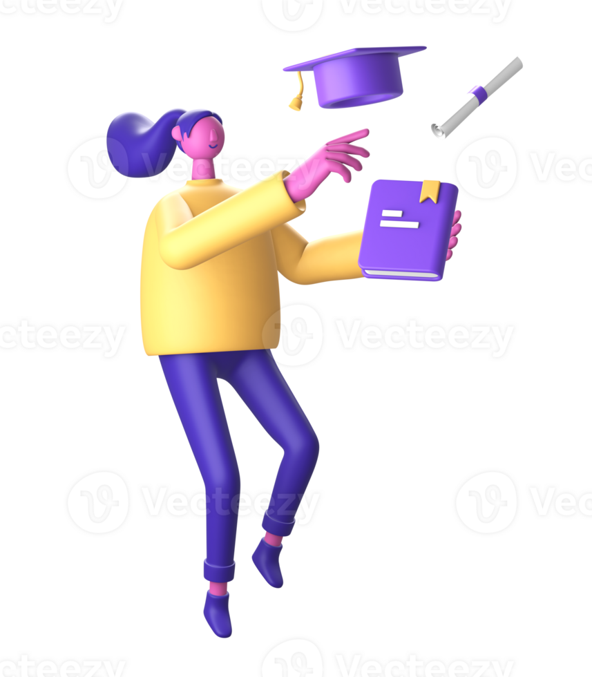 3D Character college student with graduation hat book and scroll education png