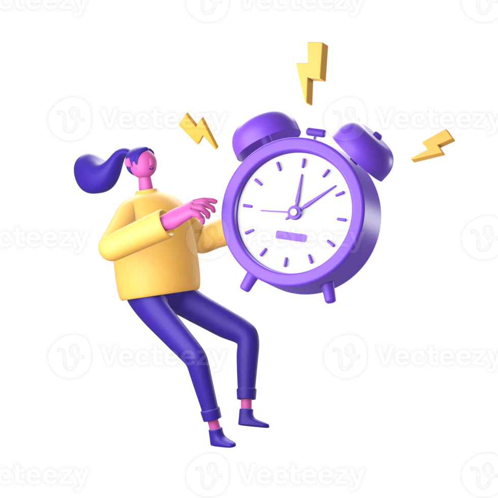3D Character with alarm clock and flash for UI UX web mobile apps social media png