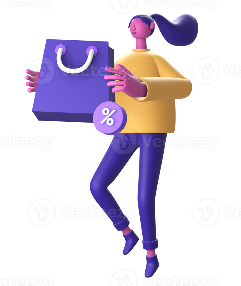 3D Character with shopping bag promo discount for UI UX web mobile apps social media png