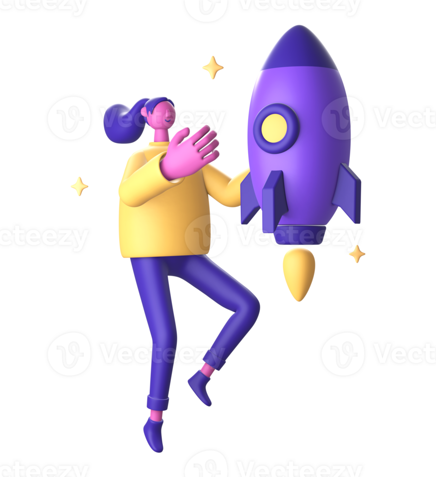3D Character with spaceship or spacecraft rocket and star for UI UX web mobile apps social media png