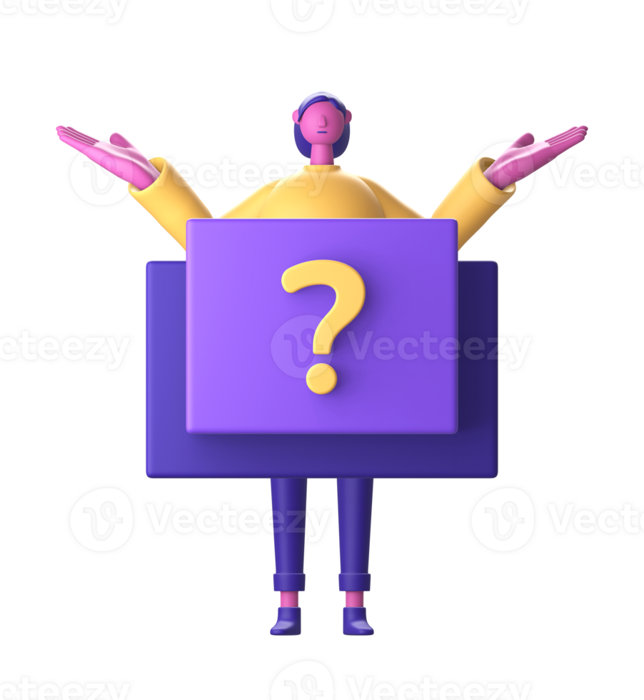 3D Character with question mark front for UI UX web mobile apps social media png