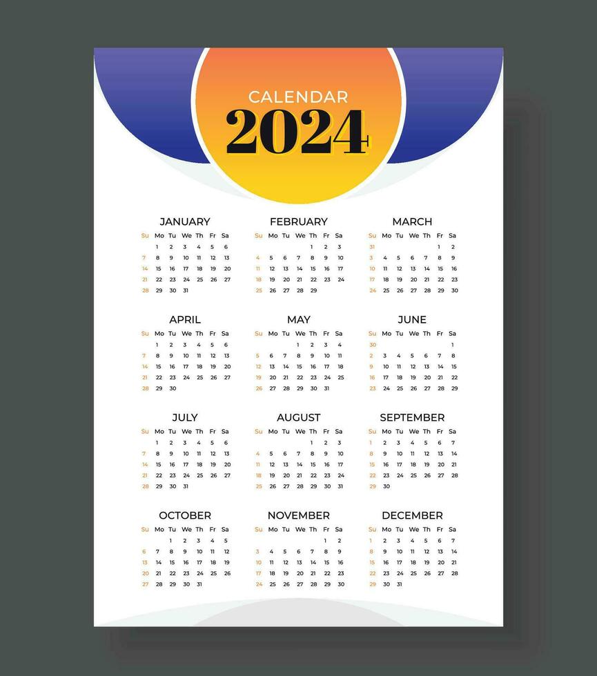 2024 wall calendar template one page design, Week start Sunday, Simple vertical calendar design template. Wall calendar in a minimalist style vector