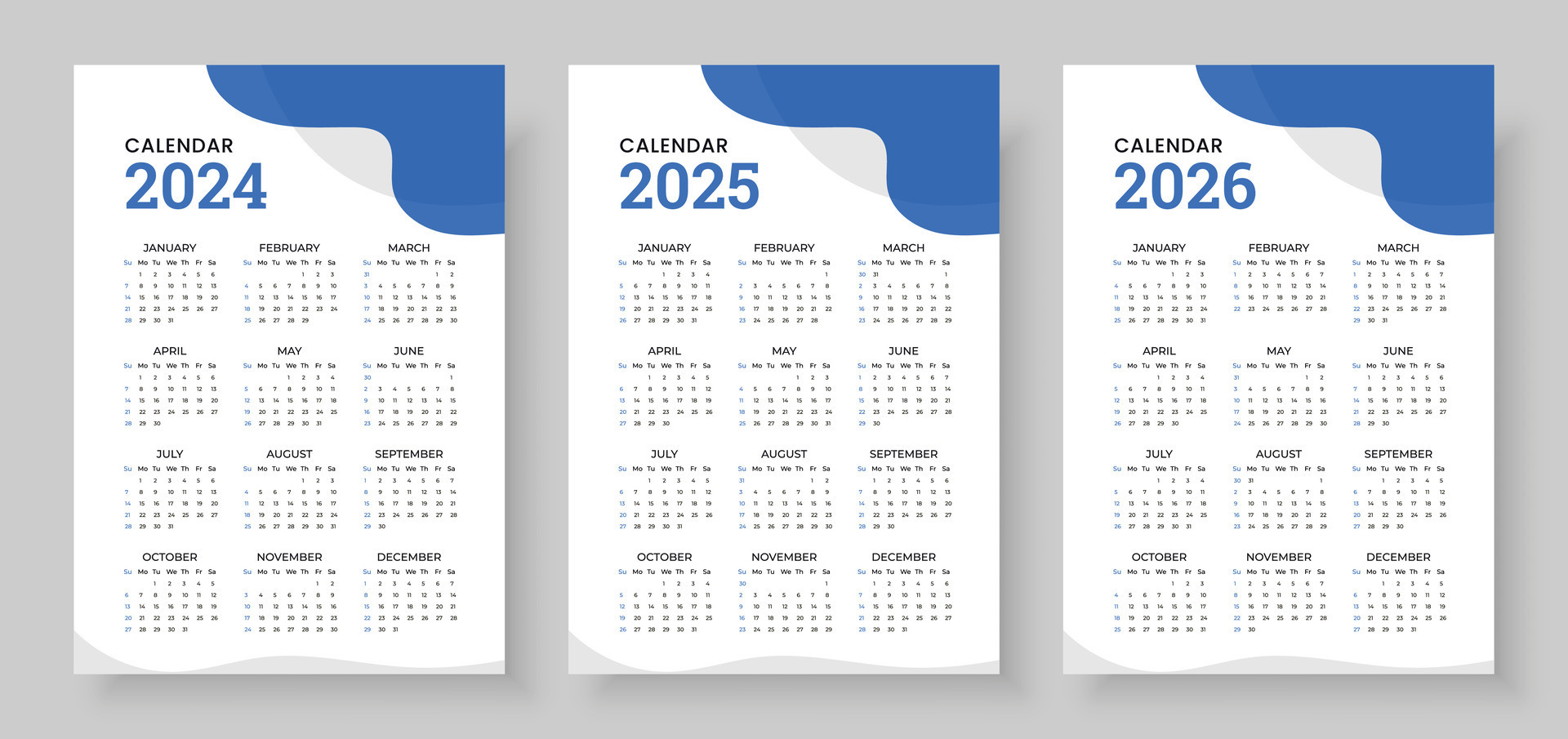 Calendar 2024, calendar 2025 and calendar 2026, week start Sunday, corporate design planner
