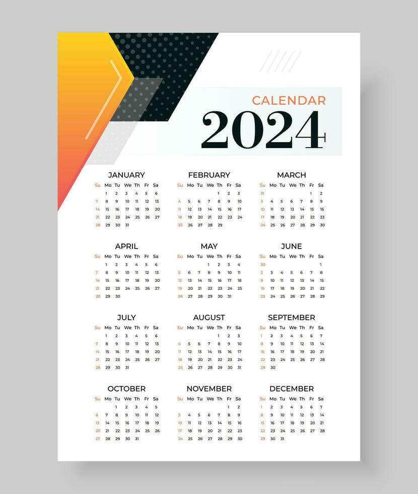 2024 wall calendar template one page design, Week start Sunday, Simple vertical calendar design template. Wall calendar in a minimalist style vector