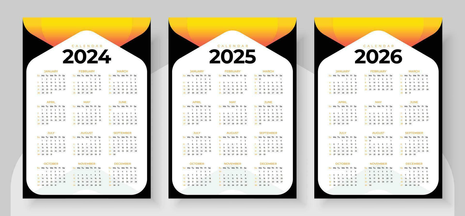 2024, 2025 and 2026 calendar set, Week start Sunday, Simple vertical calendar design template. Wall calendar in a minimalist style. Corporate design planner template vector