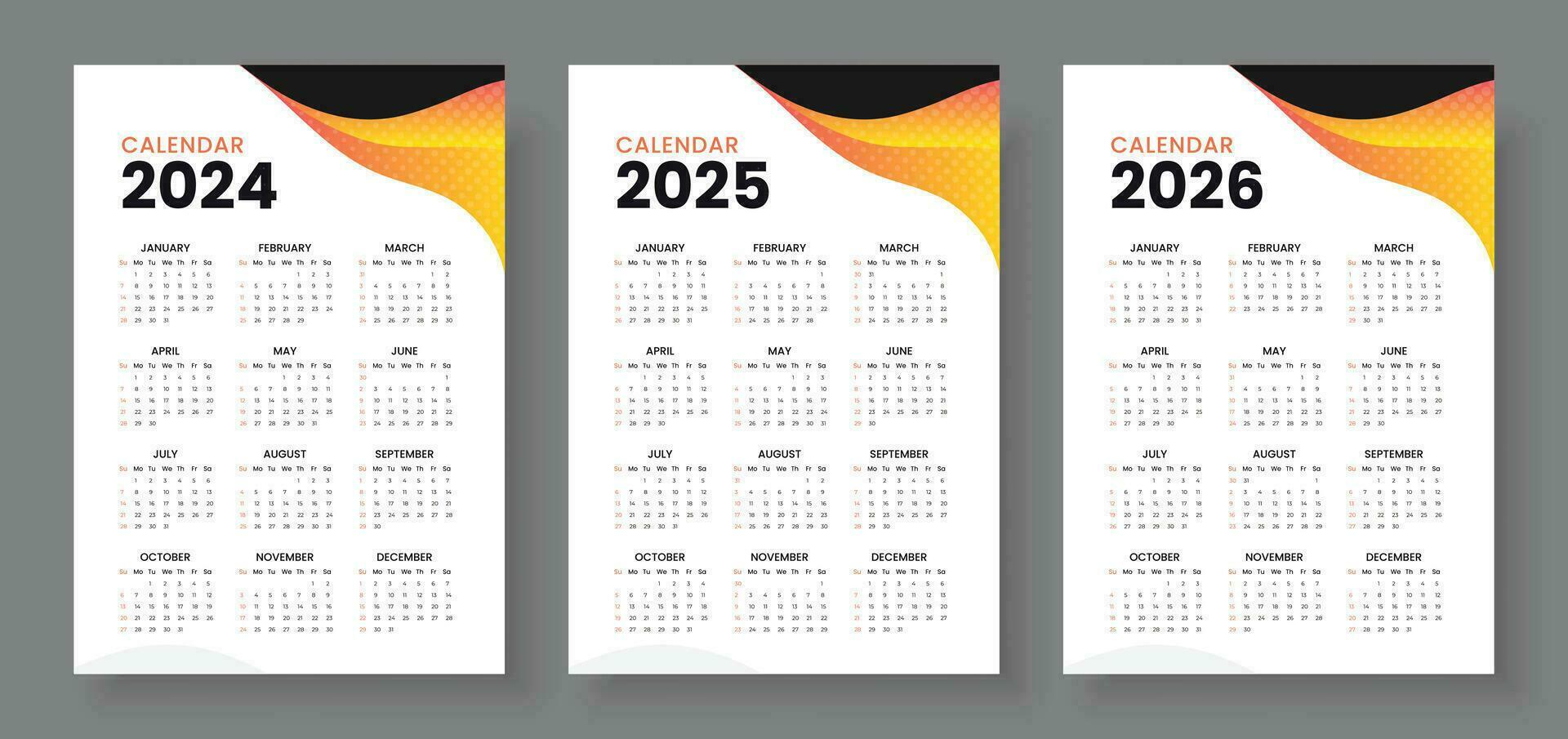 2024, 2025 y 2026 calendario colocar, semana comienzo domingo, sencillo vertical calendario diseño modelo. corporativo diseño planificador modelo. pared calendario en un minimalista estilo vector