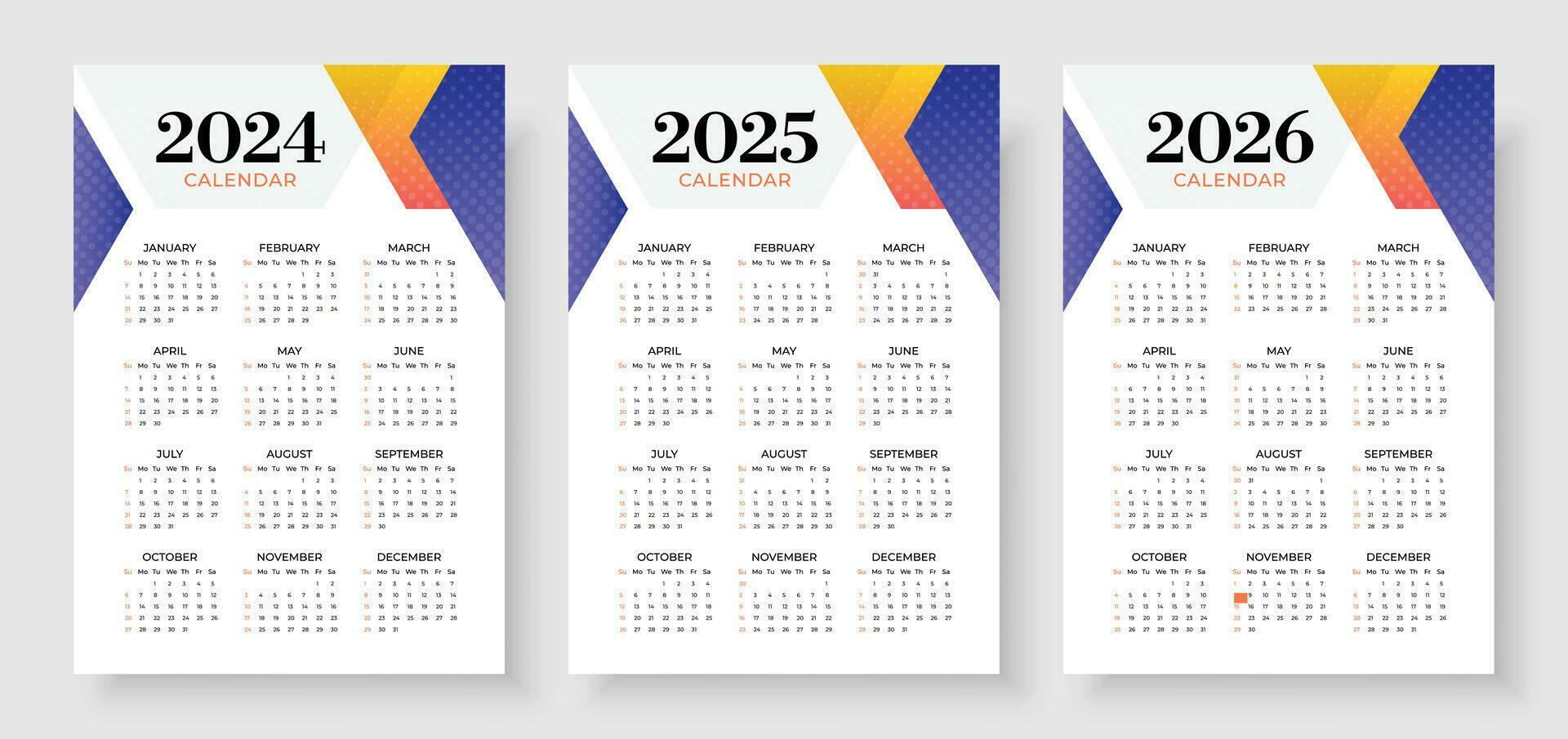 2024, 2025 and 2026 calendar set, Week start Sunday, Simple vertical