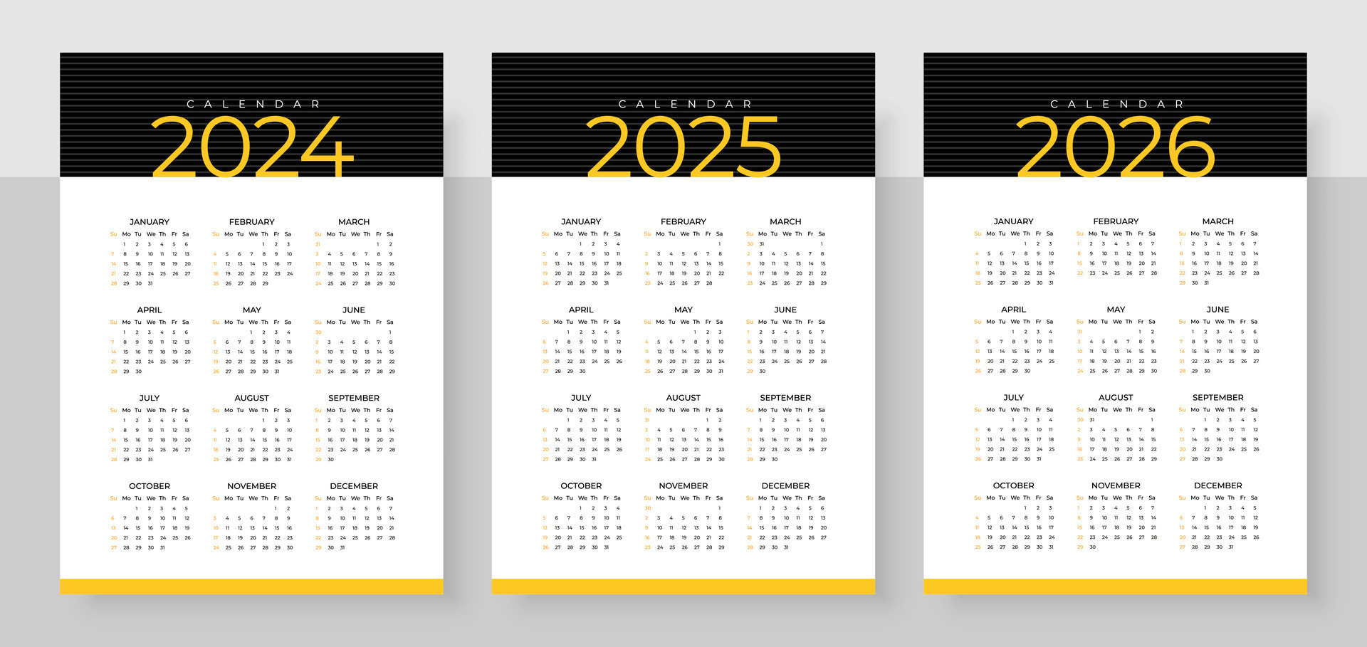 2024, 2025 and 2026 calendar set, Week start Sunday, Simple vertical calendar design template