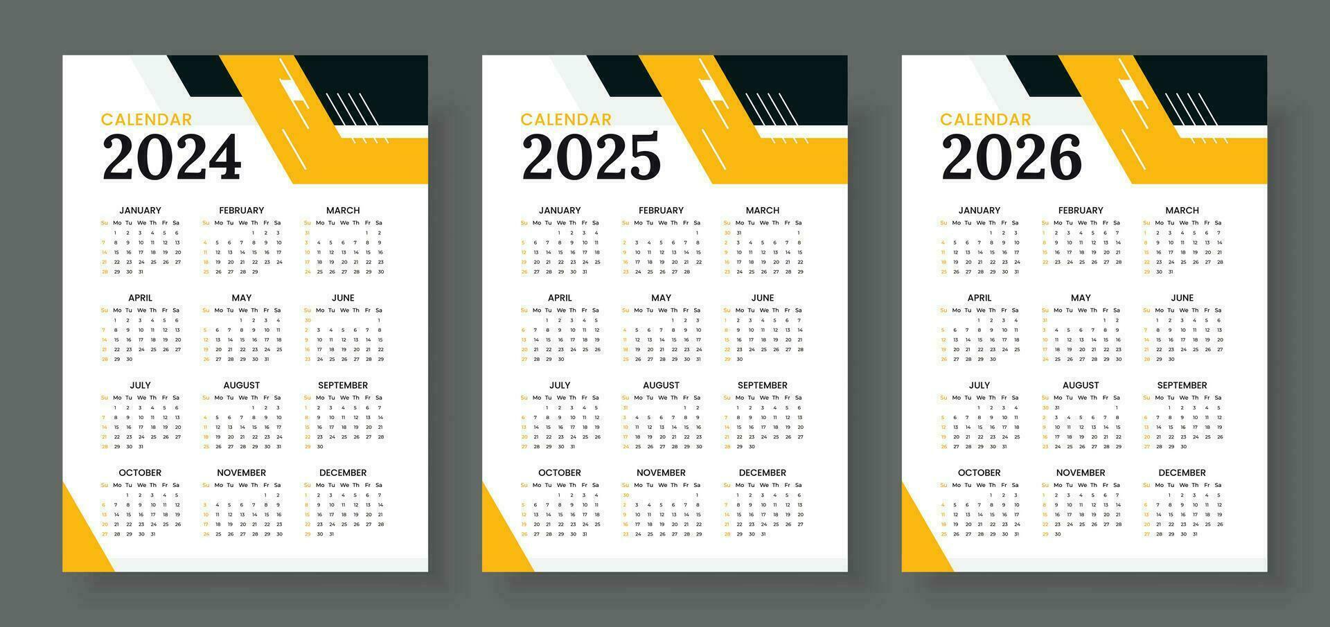 2024, 2025 and 2026 calendar set, Week start Sunday, Simple vertical calendar design template. Corporate design planner template. Wall calendar in a minimalist style vector