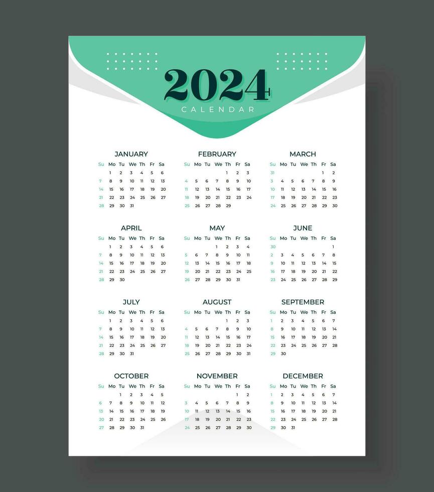 2024 wall calendar template one page design, Week start Sunday, Simple vertical calendar design template. Wall calendar in a minimalist style vector