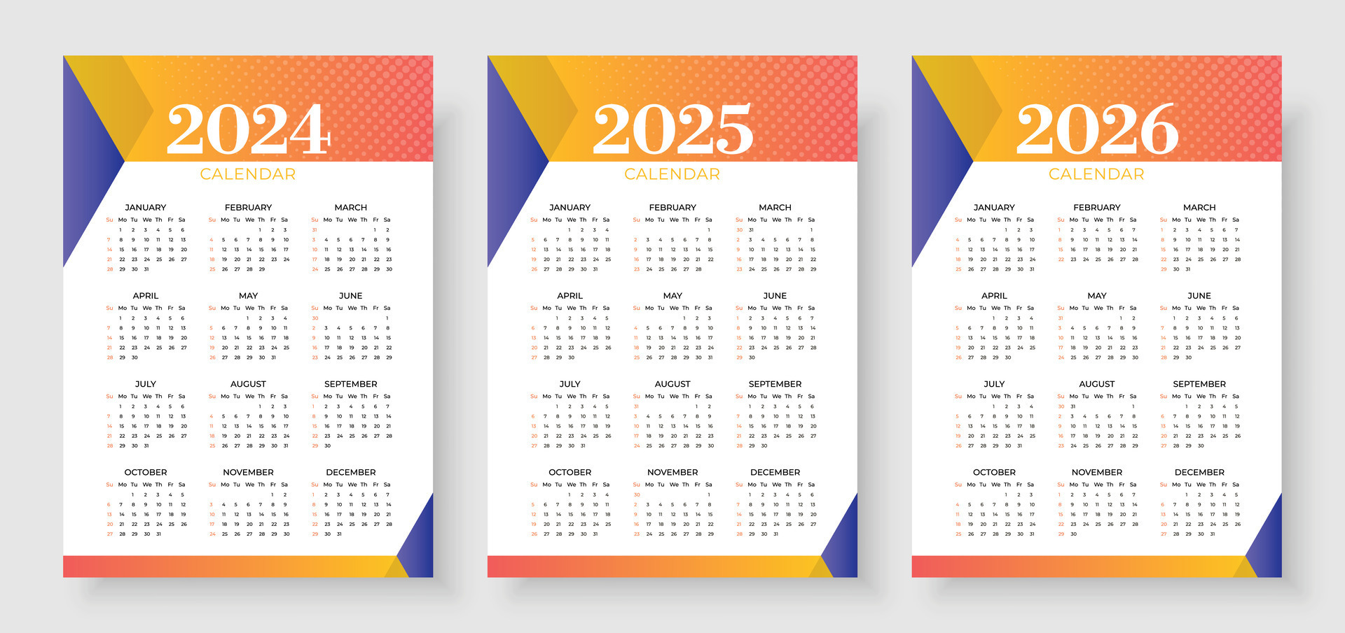 2024 2025 and 2026 calendar set Week start Sunday Simple vertical