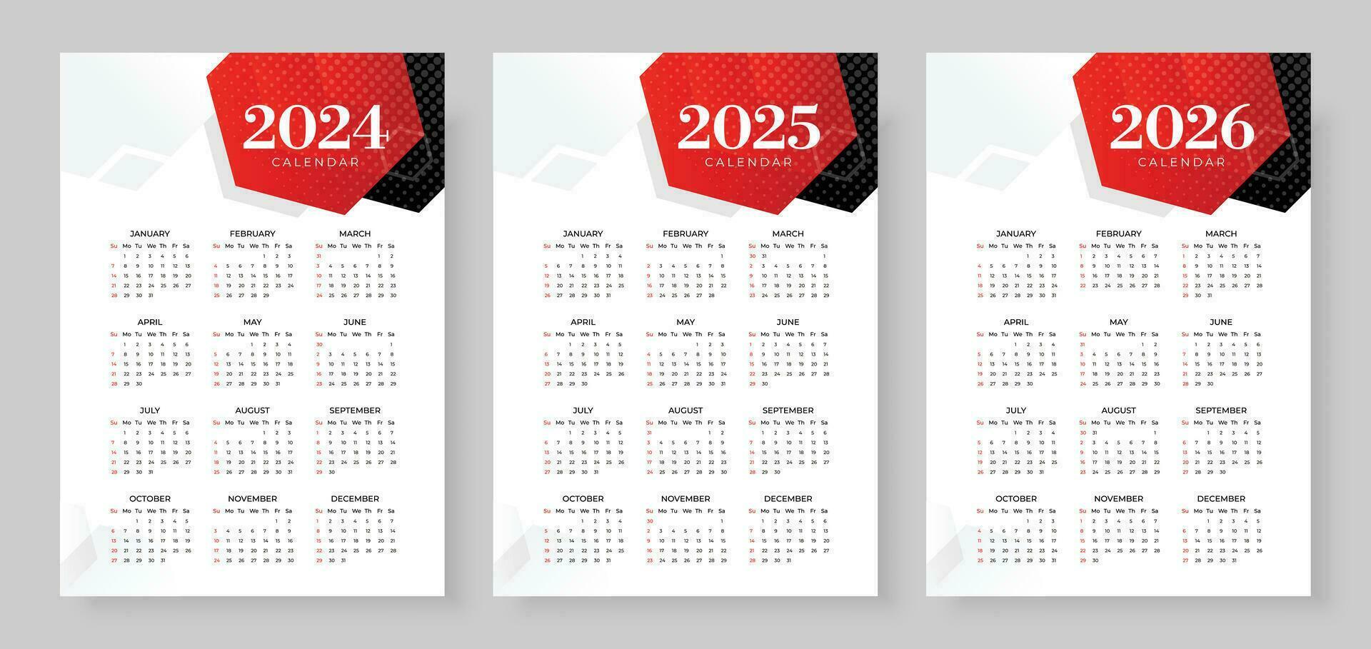 2024, 2025 and 2026 calendar set, Week start Sunday, Simple vertical calendar design template. Wall calendar in a minimalist style. Corporate design planner template vector