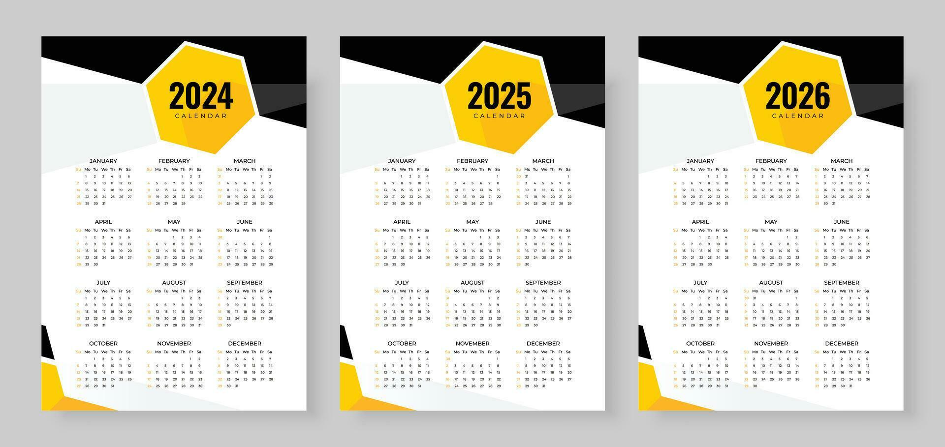 2024, 2025 and 2026 calendar set, Week start Sunday, Simple vertical calendar design template