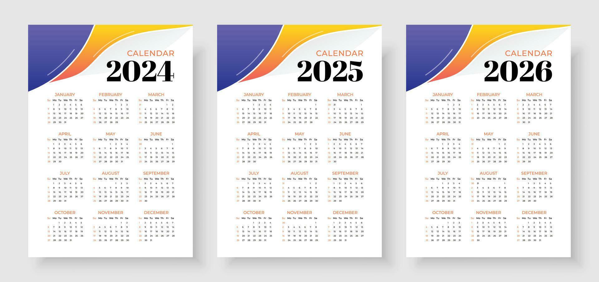 Calendar 2024, calendar 2025 and calendar 2026, week start Sunday, corporate design planner