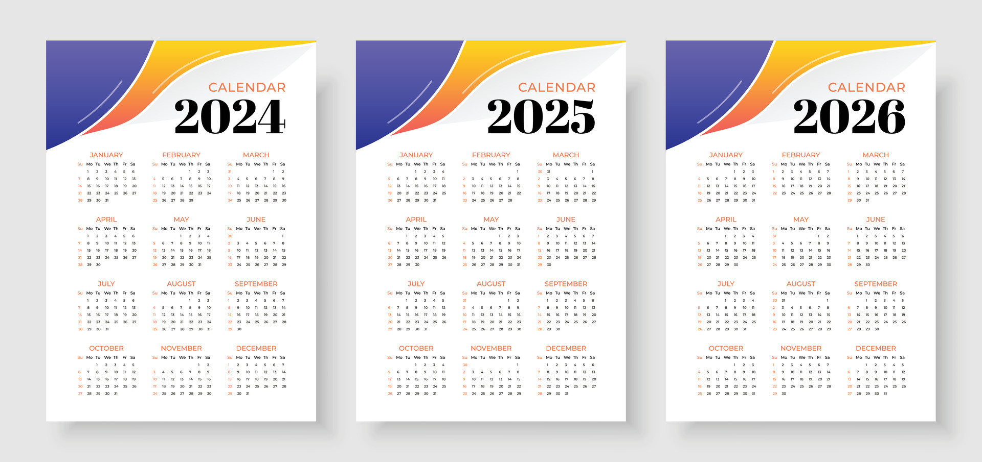 calendario 2024, calendario 2025 y calendario 2026, semana comienzo