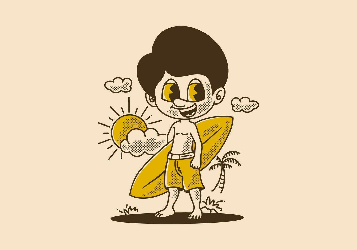 retro ilustración de un chico en pie en el playa participación un tabla de surf vector